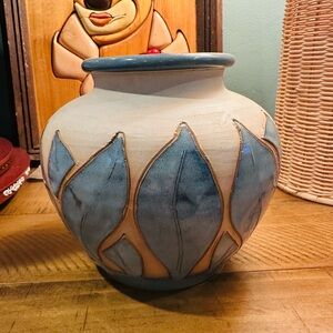 Blue and Tan Geometric Ceramic Art Vase
